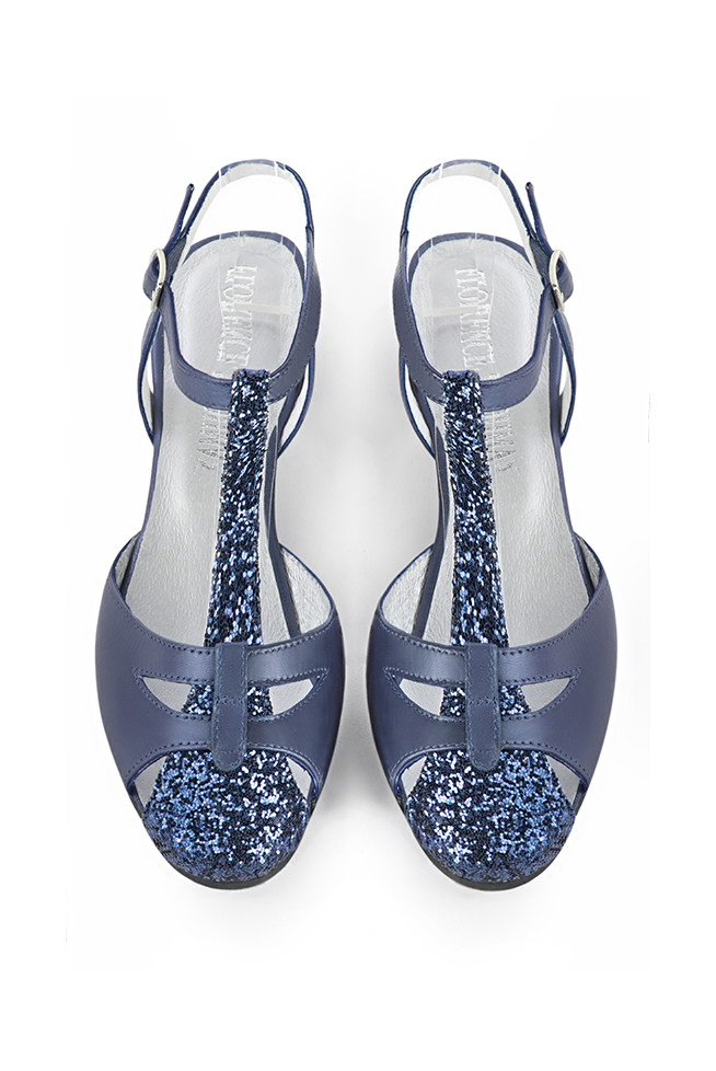 Women's prussian blue elegant T-strap closed-toe heels. Round toe. Thin leather soles - Top view